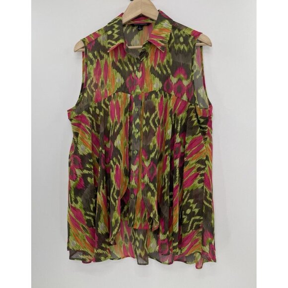Zac & Rachel‎ Women’s Tribal Print Flowy Chiffon Button Front Blouse Size L Boho - Picture 1 of 9